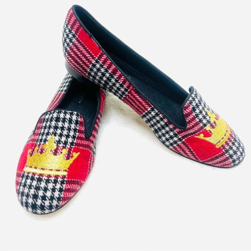 DEESIGNS By Dee Ocleppo Red Black White Plaid Gold Crown Loafers Flats S… - Picture 2 of 12